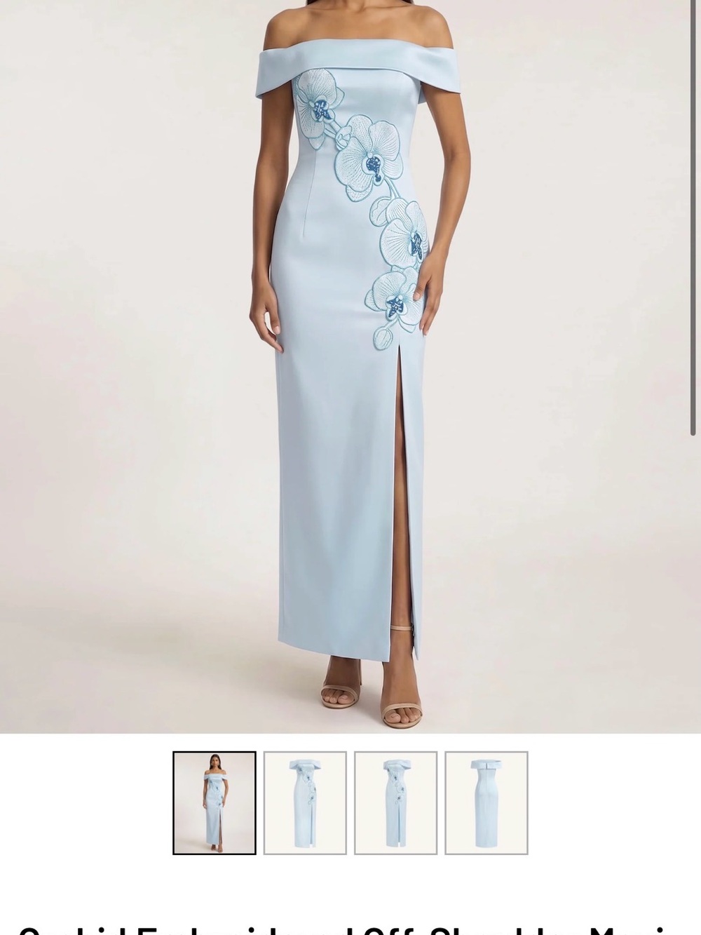 JW PEI Powder Blue Off-Shoulder Floral Applique Gown